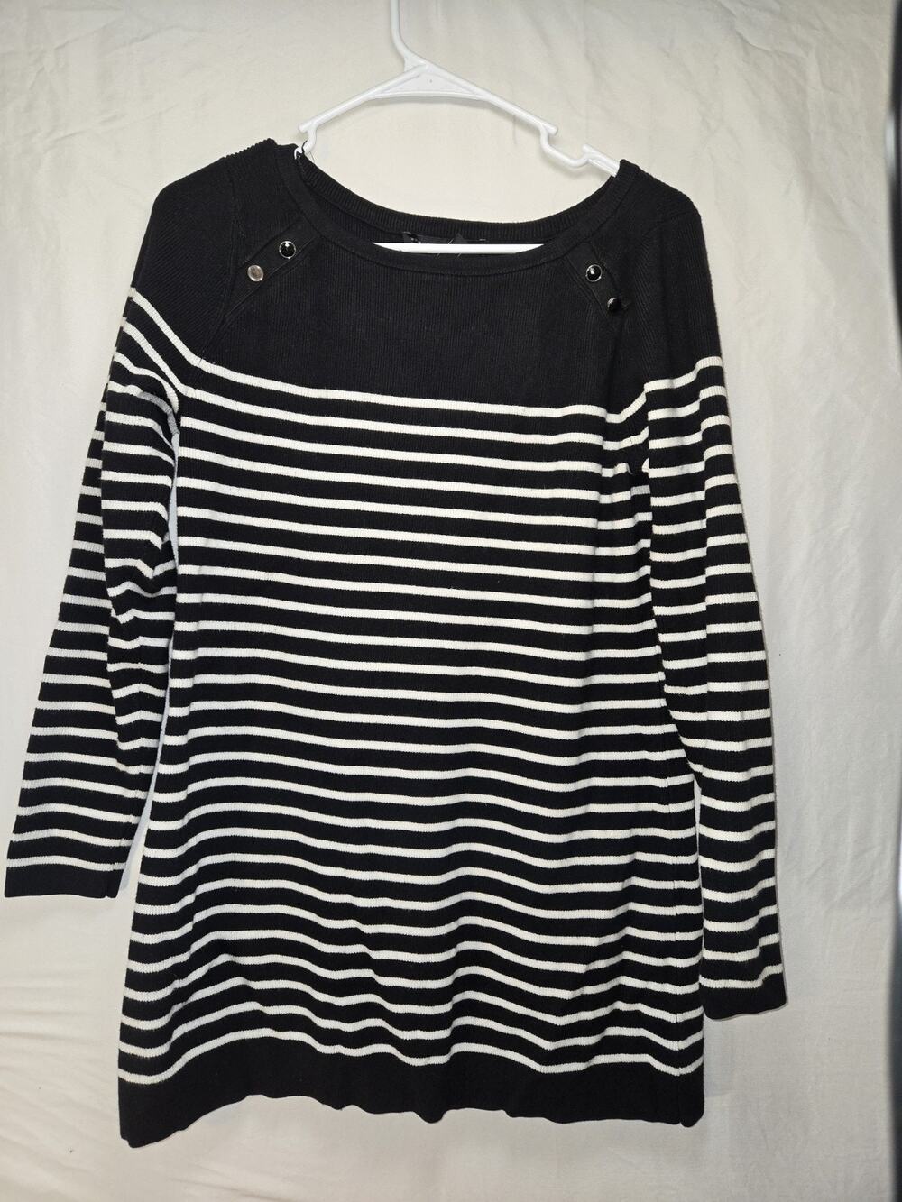 White House Black Market B & W Stripped Sweater Womens Size L Buttons Deco Tunic